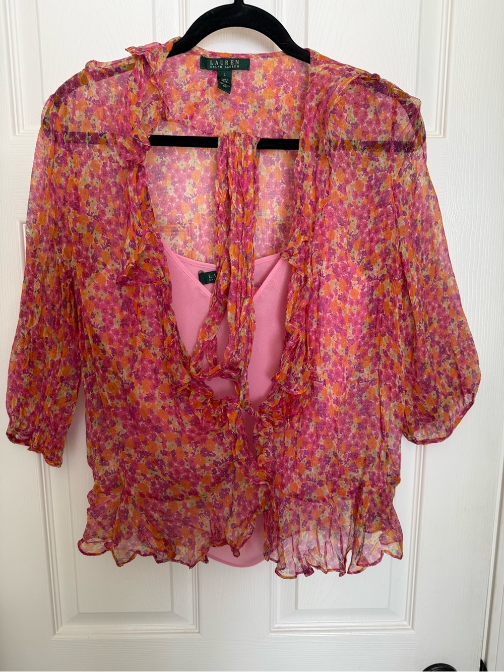 Ralph Lauren Pink & Orange Floral Silk Sheer Ruffle Blouse with Tie